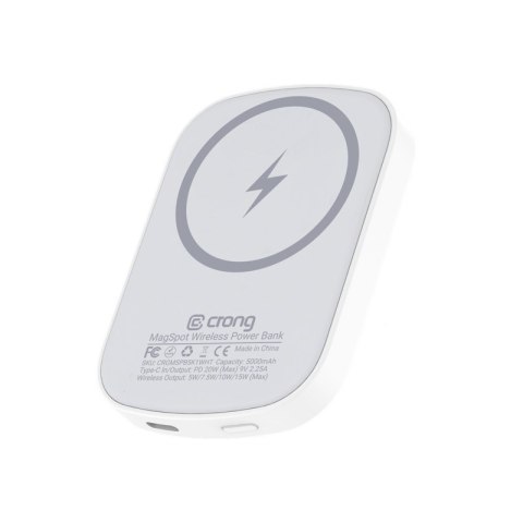 Crong MagSpot Power Bank - Bezprzewodowy power bank ultra slim z MagSafe 5000mAh, USB-C 20W PD (biały) Crong MagSpot Power Bank - Bezprzewodowy power bank ultra slim z MagSafe 5000mAh, USB-C 20W PD (biały)