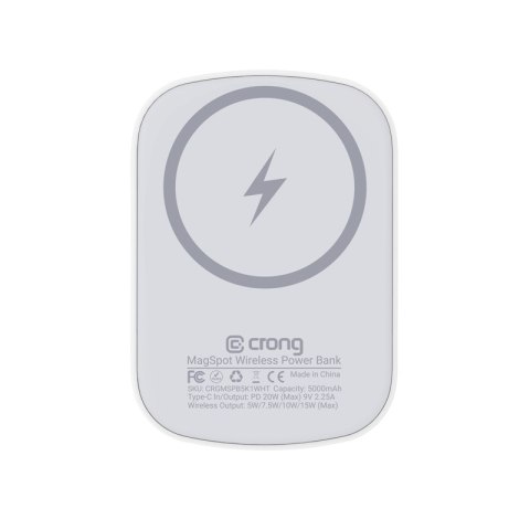 Crong MagSpot Power Bank - Bezprzewodowy power bank ultra slim z MagSafe 5000mAh, USB-C 20W PD (biały) Crong MagSpot Power Bank - Bezprzewodowy power bank ultra slim z MagSafe 5000mAh, USB-C 20W PD (biały)