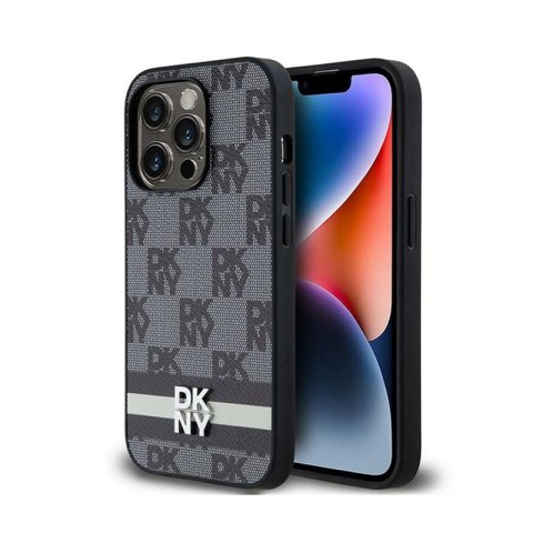 DKNY Leather Checkered Mono Pattern & Printed Stripes - Etui iPhone 14 Pro (czarny) DKNY Leather Checkered Mono Pattern & Printed Stripes - Etui iPhone 14 Pro (czarny)