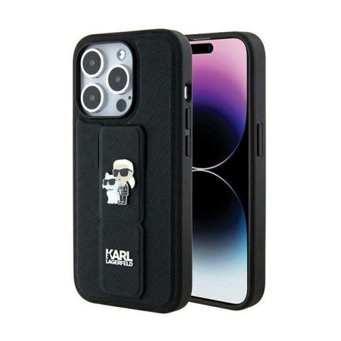 Karl Lagerfeld Gripstand Saffiano Karl & Choupette Pins - Etui iPhone 14 Pro (czarny) Karl Lagerfeld Gripstand Saffiano Karl & Choupette Pins - Etui iPhone 14 Pro (czarny)