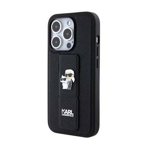 Karl Lagerfeld Gripstand Saffiano Karl & Choupette Pins - Etui iPhone 14 Pro (czarny) Karl Lagerfeld Gripstand Saffiano Karl & Choupette Pins - Etui iPhone 14 Pro (czarny)