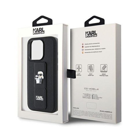 Karl Lagerfeld Gripstand Saffiano Karl & Choupette Pins - Etui iPhone 14 Pro (czarny) Karl Lagerfeld Gripstand Saffiano Karl & Choupette Pins - Etui iPhone 14 Pro (czarny)