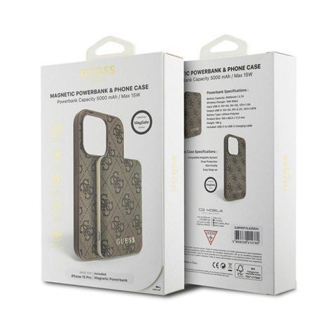 Guess Bundle Pack MagSafe 4G Metal Gold Logo - Zestaw etui + Power Bank 5000mAh MagSafe iPhone 15 Pro (brązowy) Guess Bundle Pack MagSafe 4G Metal Gold Logo - Zestaw etui + Power Bank 5000mAh MagSafe iPhone 15 Pro (brązowy)