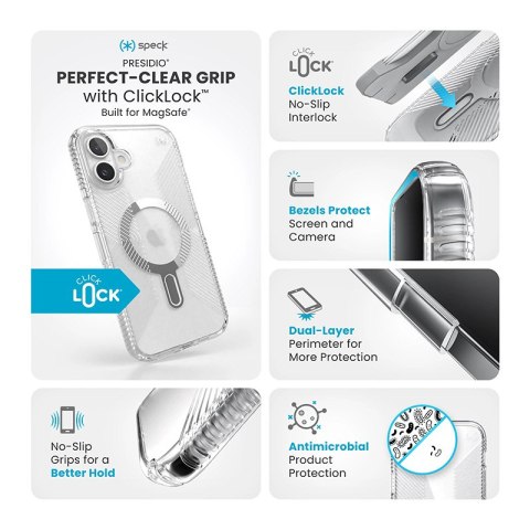 Speck Presidio Perfect-Clear Grip ClickLock & MagSafe - Etui iPhone 16 Plus (Clear / Chrome Finish / Serene Silver) Speck Presidio Perfect-Clear Grip ClickLock & MagSafe - Etui iPhone 16 Plus (Clear / Chrome Finish / Serene Silver)