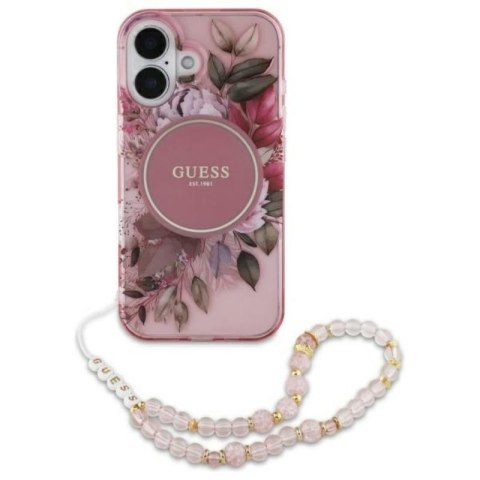 Guess IML Flowers With Pearl Strap MagSafe - Etui iPhone 16 (różowy) Guess IML Flowers With Pearl Strap MagSafe - Etui iPhone 16 (różowy)