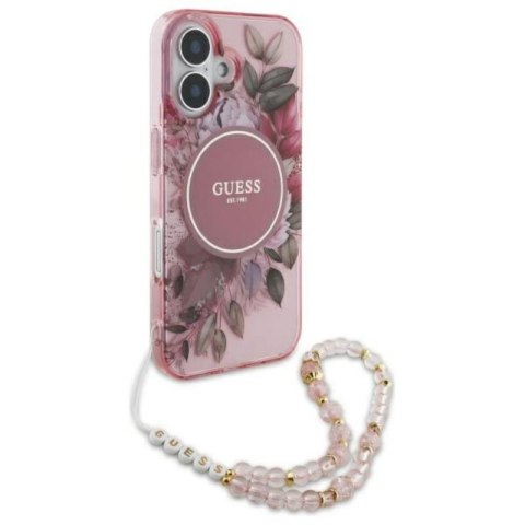Guess IML Flowers With Pearl Strap MagSafe - Etui iPhone 16 (różowy) Guess IML Flowers With Pearl Strap MagSafe - Etui iPhone 16 (różowy)