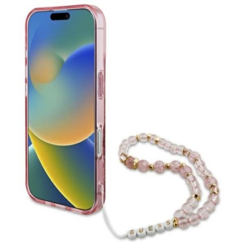 Guess IML Flowers With Pearl Strap MagSafe - Etui iPhone 16 (różowy) Guess IML Flowers With Pearl Strap MagSafe - Etui iPhone 16 (różowy)