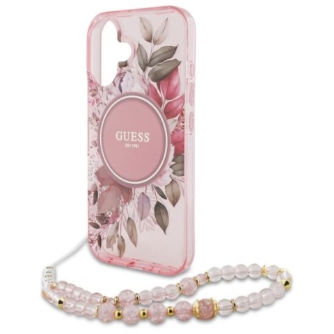 Guess IML Flowers With Pearl Strap MagSafe - Etui iPhone 16 (różowy) Guess IML Flowers With Pearl Strap MagSafe - Etui iPhone 16 (różowy)