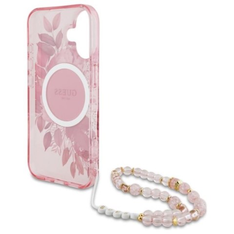 Guess IML Flowers With Pearl Strap MagSafe - Etui iPhone 16 (różowy) Guess IML Flowers With Pearl Strap MagSafe - Etui iPhone 16 (różowy)