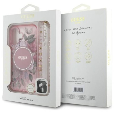 Guess IML Flowers With Pearl Strap MagSafe - Etui iPhone 16 (różowy) Guess IML Flowers With Pearl Strap MagSafe - Etui iPhone 16 (różowy)