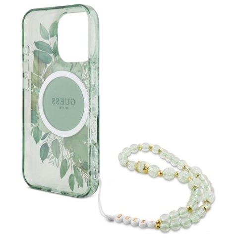 Guess IML Flowers With Pearl Strap MagSafe - Etui iPhone 16 Pro Max (zielony) Guess IML Flowers With Pearl Strap MagSafe - Etui iPhone 16 Pro Max (zielony)