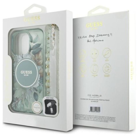 Guess IML Flowers With Pearl Strap MagSafe - Etui iPhone 16 Pro Max (zielony) Guess IML Flowers With Pearl Strap MagSafe - Etui iPhone 16 Pro Max (zielony)