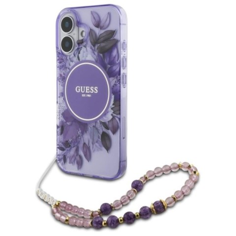 Guess IML Flowers With Pearl Strap MagSafe - Etui iPhone 16 (fioletowy) Guess IML Flowers With Pearl Strap MagSafe - Etui iPhone 16 (fioletowy)