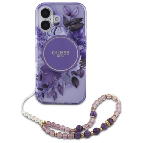 Guess IML Flowers With Pearl Strap MagSafe - Etui iPhone 16 (fioletowy) Guess IML Flowers With Pearl Strap MagSafe - Etui iPhone 16 (fioletowy)