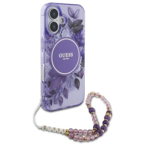 Guess IML Flowers With Pearl Strap MagSafe - Etui iPhone 16 (fioletowy) Guess IML Flowers With Pearl Strap MagSafe - Etui iPhone 16 (fioletowy)