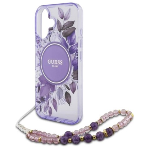 Guess IML Flowers With Pearl Strap MagSafe - Etui iPhone 16 (fioletowy) Guess IML Flowers With Pearl Strap MagSafe - Etui iPhone 16 (fioletowy)