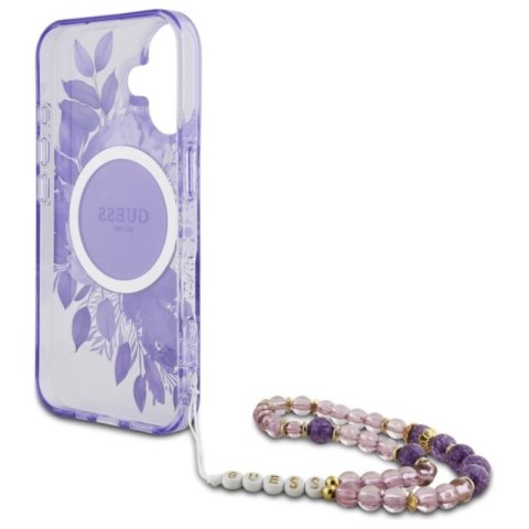 Guess IML Flowers With Pearl Strap MagSafe - Etui iPhone 16 (fioletowy) Guess IML Flowers With Pearl Strap MagSafe - Etui iPhone 16 (fioletowy)