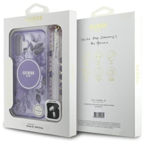Guess IML Flowers With Pearl Strap MagSafe - Etui iPhone 16 (fioletowy) Guess IML Flowers With Pearl Strap MagSafe - Etui iPhone 16 (fioletowy)