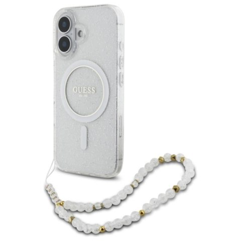 Guess IML Glitter With Pearl Strap MagSafe - Etui iPhone 16 Plus (przezroczysty) Guess IML Glitter With Pearl Strap MagSafe - Etui iPhone 16 Plus (przezroczysty)