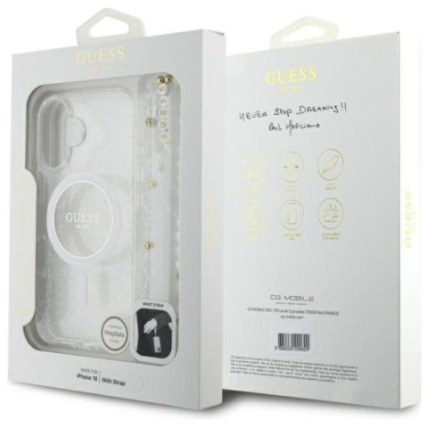 Guess IML Glitter With Pearl Strap MagSafe - Etui iPhone 16 Plus (przezroczysty) Guess IML Glitter With Pearl Strap MagSafe - Etui iPhone 16 Plus (przezroczysty)