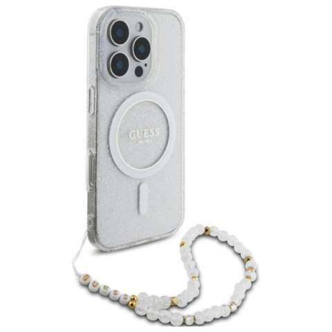 Guess IML Glitter With Pearl Strap MagSafe - Etui iPhone 16 Pro (przezroczysty) Guess IML Glitter With Pearl Strap MagSafe - Etui iPhone 16 Pro (przezroczysty)