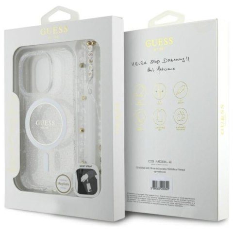 Guess IML Glitter With Pearl Strap MagSafe - Etui iPhone 16 Pro (przezroczysty) Guess IML Glitter With Pearl Strap MagSafe - Etui iPhone 16 Pro (przezroczysty)