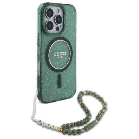Guess IML Glitter With Pearl Strap MagSafe - Etui iPhone 16 Pro (zielony) Guess IML Glitter With Pearl Strap MagSafe - Etui iPhone 16 Pro (zielony)