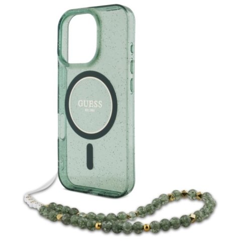 Guess IML Glitter With Pearl Strap MagSafe - Etui iPhone 16 Pro (zielony) Guess IML Glitter With Pearl Strap MagSafe - Etui iPhone 16 Pro (zielony)