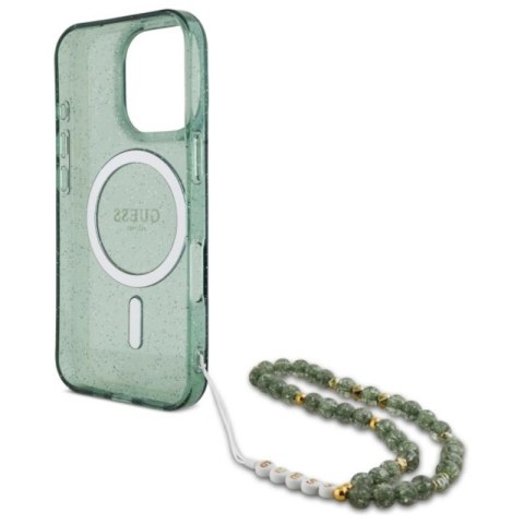 Guess IML Glitter With Pearl Strap MagSafe - Etui iPhone 16 Pro (zielony) Guess IML Glitter With Pearl Strap MagSafe - Etui iPhone 16 Pro (zielony)