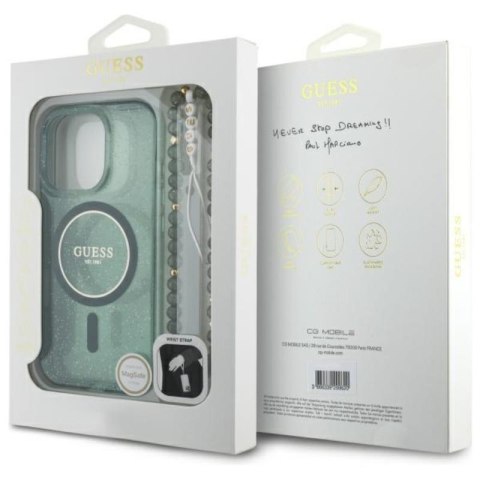 Guess IML Glitter With Pearl Strap MagSafe - Etui iPhone 16 Pro (zielony) Guess IML Glitter With Pearl Strap MagSafe - Etui iPhone 16 Pro (zielony)