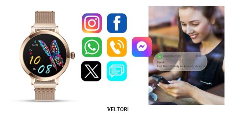 VELTORI Smartwatch Damski Veltori VT340-1 Złota Bransoleta + Różowy Pasek Silikonowy VELTORI Smartwatch Damski Veltori VT340-1 Złota Bransoleta + Różowy Pasek Silikonowy