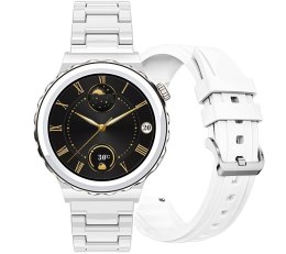 RUBICON Smartwatch Damski Rubicon RNCE92-1 Srebrny-Ceramiczna Bransoleta + Biały Silikonowy Pasek