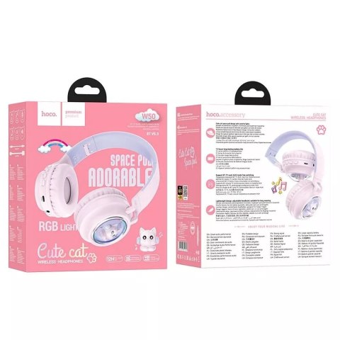 Hoco HOCO słuchawki bezprzewodowe Bluetooth W50 różowe z podświetleniem RGB i kotkami Hoco HOCO słuchawki bezprzewodowe Bluetooth W50 różowe z podświetleniem RGB i kotkami