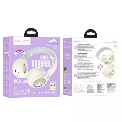 Hoco HOCO słuchawki bezprzewodowe Bluetooth W50 z podświetleniem RGB i kotkami białe Hoco HOCO słuchawki bezprzewodowe Bluetooth W50 z podświetleniem RGB i kotkami białe