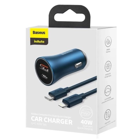 Baseus Baseus Golden Contactor Pro szybka ładowarka samochodowa USB Typ C / USB 40 W Power Delivery 3.0 Quick Charge 4+ SCP FCP AFC + k Baseus Baseus Golden Contactor Pro szybka ładowarka samochodowa USB Typ C / USB 40 W Power Delivery 3.0 Quick Charge 4+ SCP FCP AFC + k