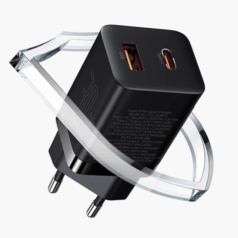 Baseus Ładowarka sieciowa Baseus Super Si Pro Quick Charger USB + USB-C QC 3.0 PD 30W Czarna Baseus Ładowarka sieciowa Baseus Super Si Pro Quick Charger USB + USB-C QC 3.0 PD 30W Czarna