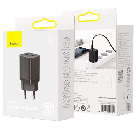 Baseus Ładowarka sieciowa Baseus Super Si Pro Quick Charger USB + USB-C QC 3.0 PD 30W Czarna Baseus Ładowarka sieciowa Baseus Super Si Pro Quick Charger USB + USB-C QC 3.0 PD 30W Czarna