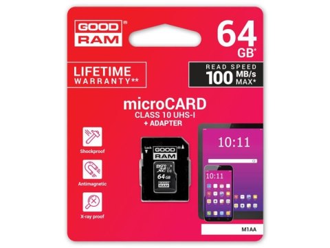 Goodram Karta pamięci GoodRam micro SDXC 64GB Class 10 UHS-I + adapter Goodram Karta pamięci GoodRam micro SDXC 64GB Class 10 UHS-I + adapter