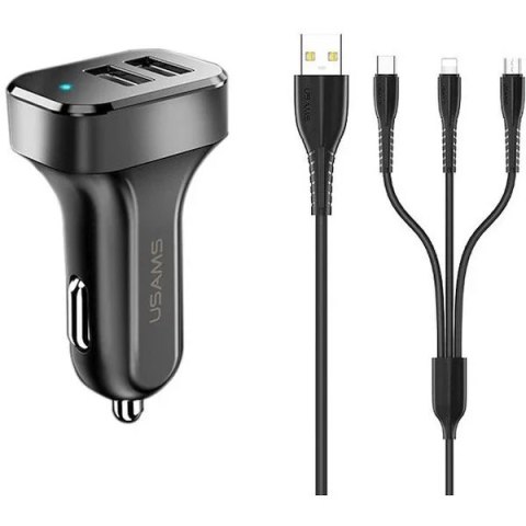 Usams USAMS Ładowarka samochodowa 2xUSB C13 2,1A 3w1 (microUSB/USB-C/lightning) czarny/black NTU35YTSC13TZ Usams USAMS Ładowarka samochodowa 2xUSB C13 2,1A 3w1 (microUSB/USB-C/lightning) czarny/black NTU35YTSC13TZ