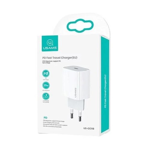 Usams USAMS Ładowarka sieciowa 1x USB-C T34 20W 5V-3A (only head) PD3.0 Fast Charging biały/white CC118TC01 (US-CC118) Usams USAMS Ładowarka sieciowa 1x USB-C T34 20W 5V-3A (only head) PD3.0 Fast Charging biały/white CC118TC01 (US-CC118)