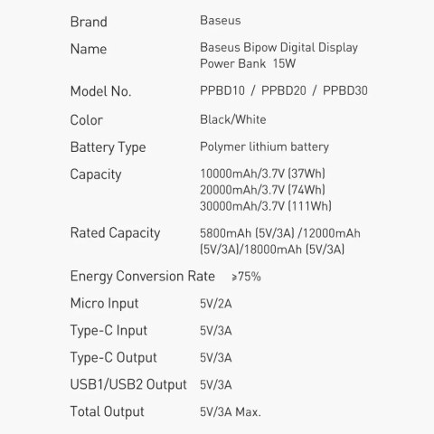 Baseus Powerbank z wyświetlaczem Baseus Bipow 10000mAh 15W czarny (Overseas Edition) + kabel USB-A - Micro USB 0.25m czarny (PPBD050001 Baseus Powerbank z wyświetlaczem Baseus Bipow 10000mAh 15W czarny (Overseas Edition) + kabel USB-A - Micro USB 0.25m czarny (PPBD050001