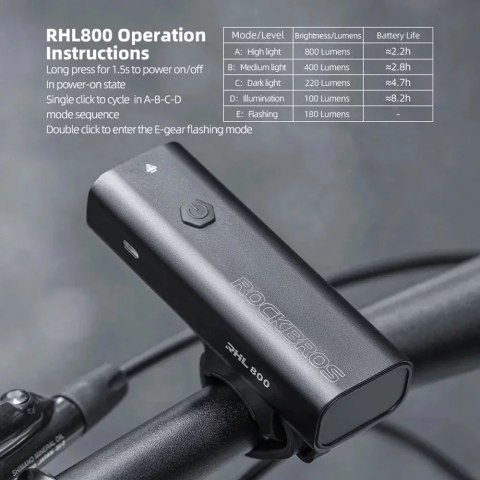 RockBros Lampka rowerowa przednia Rockbros 24710012001 800 lm + kabel USB-C - USB-A - czarna RockBros Lampka rowerowa przednia Rockbros 24710012001 800 lm + kabel USB-C - USB-A - czarna