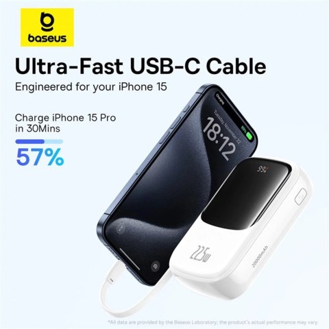 Baseus Powerbank Baseus Qpow Pro+ 20000mAh 22.5W z wbudowanym kablem USB-C i wyświetlaczem - biały Baseus Powerbank Baseus Qpow Pro+ 20000mAh 22.5W z wbudowanym kablem USB-C i wyświetlaczem - biały