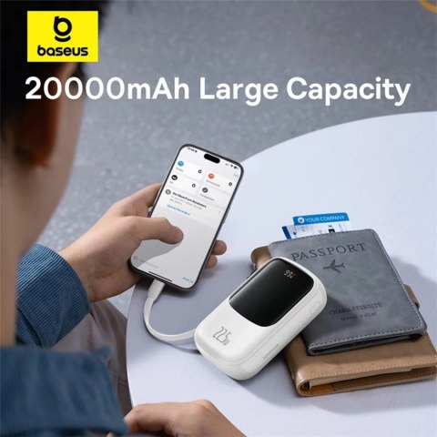Baseus Powerbank Baseus Qpow Pro+ 20000mAh 22.5W z wbudowanym kablem USB-C i wyświetlaczem - biały Baseus Powerbank Baseus Qpow Pro+ 20000mAh 22.5W z wbudowanym kablem USB-C i wyświetlaczem - biały