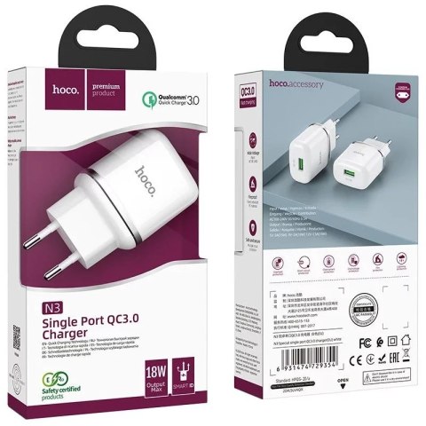 Hoco Ładowarka sieciowa HOCO USB A QC3.0 3A 18W N3 biała Hoco Ładowarka sieciowa HOCO USB A QC3.0 3A 18W N3 biała