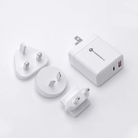 Forcell Ładowarka sieciowa 3w1 FORCELL F-ENERGY Typ C + USB A PD QC4.0 3A 45W z wymiennymi wtyczkami Biała Forcell Ładowarka sieciowa 3w1 FORCELL F-ENERGY Typ C + USB A PD QC4.0 3A 45W z wymiennymi wtyczkami Biała