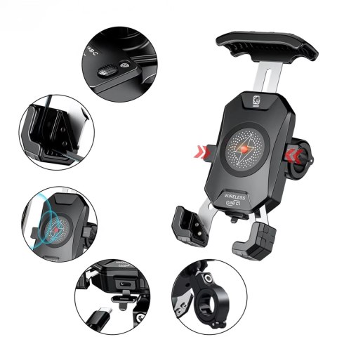 Kewig Uchwyt Motocyklowy na kierownicę KEWIG M14-A1 na telefon z ładowarką Qi + PD USB-C z systemem przeciwwstrząsowym na motor quada Kewig Uchwyt Motocyklowy na kierownicę KEWIG M14-A1 na telefon z ładowarką Qi + PD USB-C z systemem przeciwwstrząsowym na motor quada