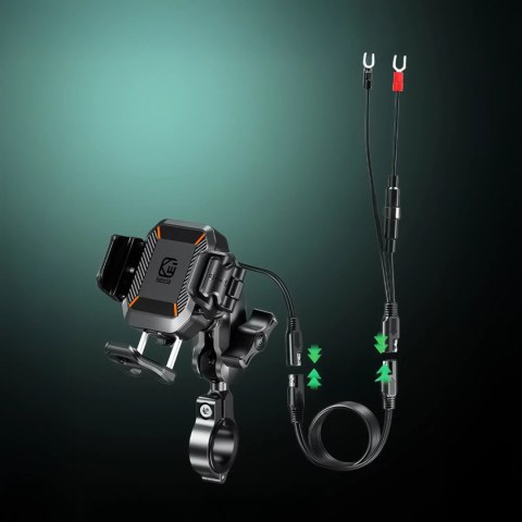 Kewig Uchwyt Motocyklowy na kierownicę KEWIG M33-A1 na telefon z ładowarką Qi 15W + PD 30W USB-C z systemem przeciwwstrząsowym na moto Kewig Uchwyt Motocyklowy na kierownicę KEWIG M33-A1 na telefon z ładowarką Qi 15W + PD 30W USB-C z systemem przeciwwstrząsowym na moto