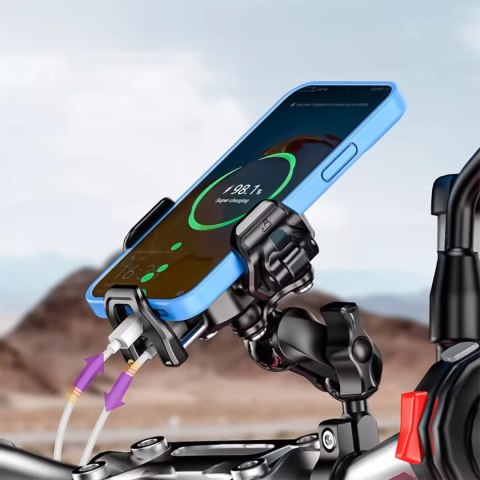 Kewig Uchwyt Motocyklowy na kierownicę KEWIG M33-A1 na telefon z ładowarką Qi 15W + PD 30W USB-C z systemem przeciwwstrząsowym na moto Kewig Uchwyt Motocyklowy na kierownicę KEWIG M33-A1 na telefon z ładowarką Qi 15W + PD 30W USB-C z systemem przeciwwstrząsowym na moto