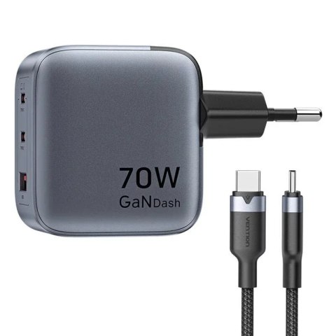 Vention Ładowarka GaN Vention USB-C+C+A 70W + Kabel USB-C do USB-C 1m (Szara) Vention Ładowarka GaN Vention USB-C+C+A 70W + Kabel USB-C do USB-C 1m (Szara)